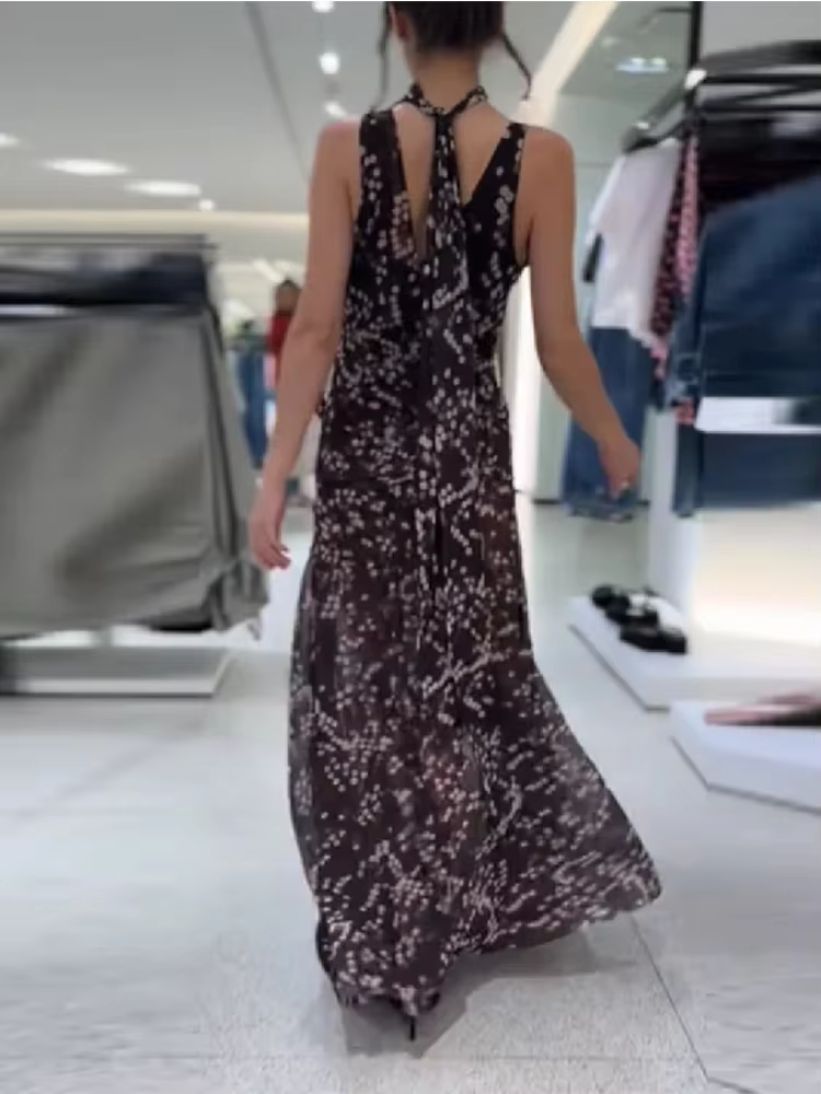 Robe longue maxi tendance pour femme à pois en maille, col en V profond chic, sans manches, transpar