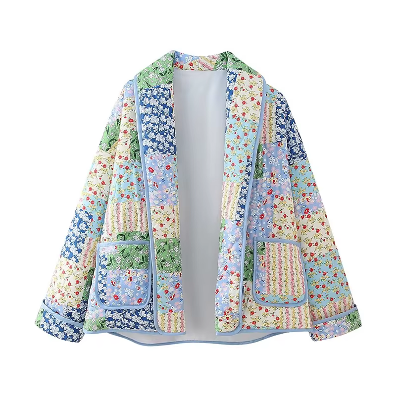 Veste décontractée ample pour femme, imprimé bleu, printemps 2026, style vintage, patchwork, en coto