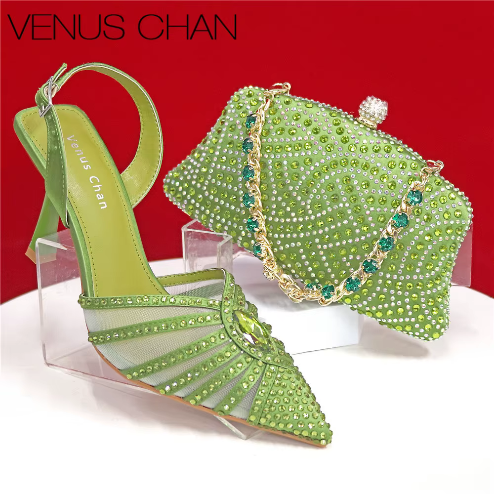 Ensemble de sacs à main élégants à talons verts et strass pour femmes, vert fruit, Design italien po