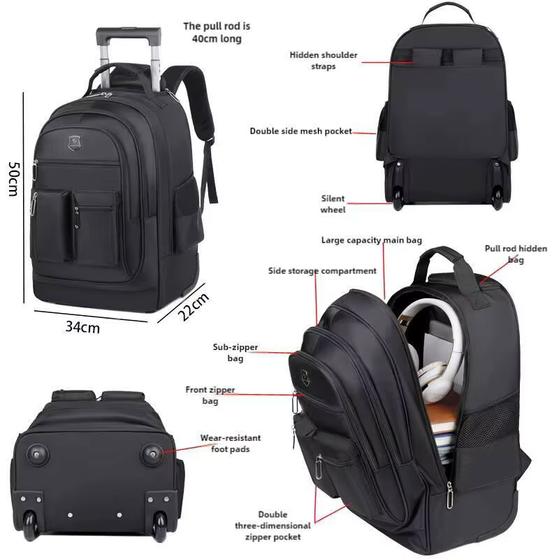 Sac à dos de voyage de grande capacité avec roulettes pour hommes, nervures cachées, bagage à main é