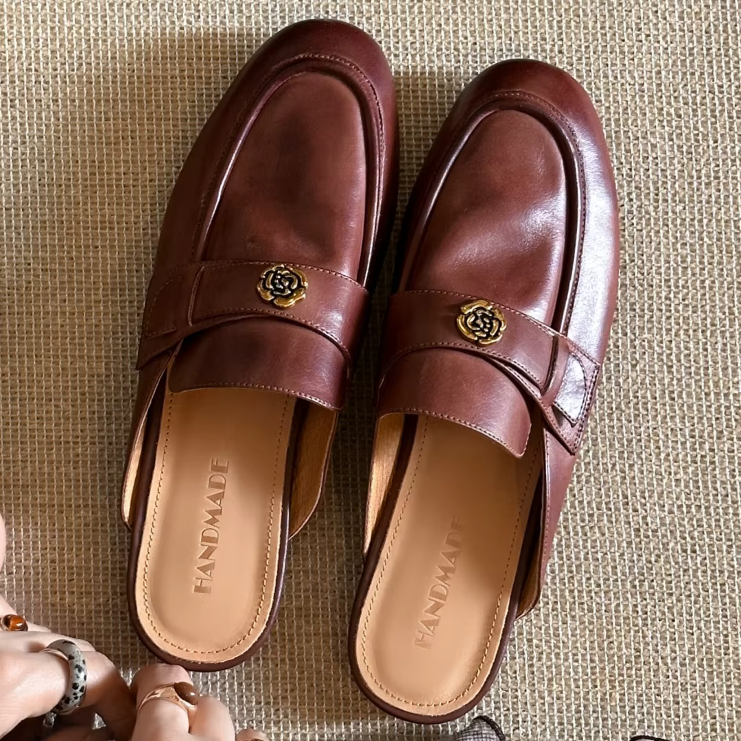 Sandales plates à enfiler en cuir de vache pour femmes, diapositives d'été de haute qualité, douces