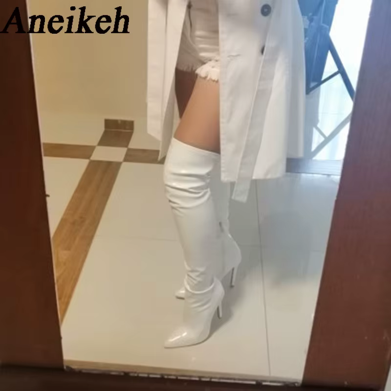 Aneikeh blanc Sexy sur le genou côté fermeture éclair sans lacet bout pointu chaussures nouvelle mod
