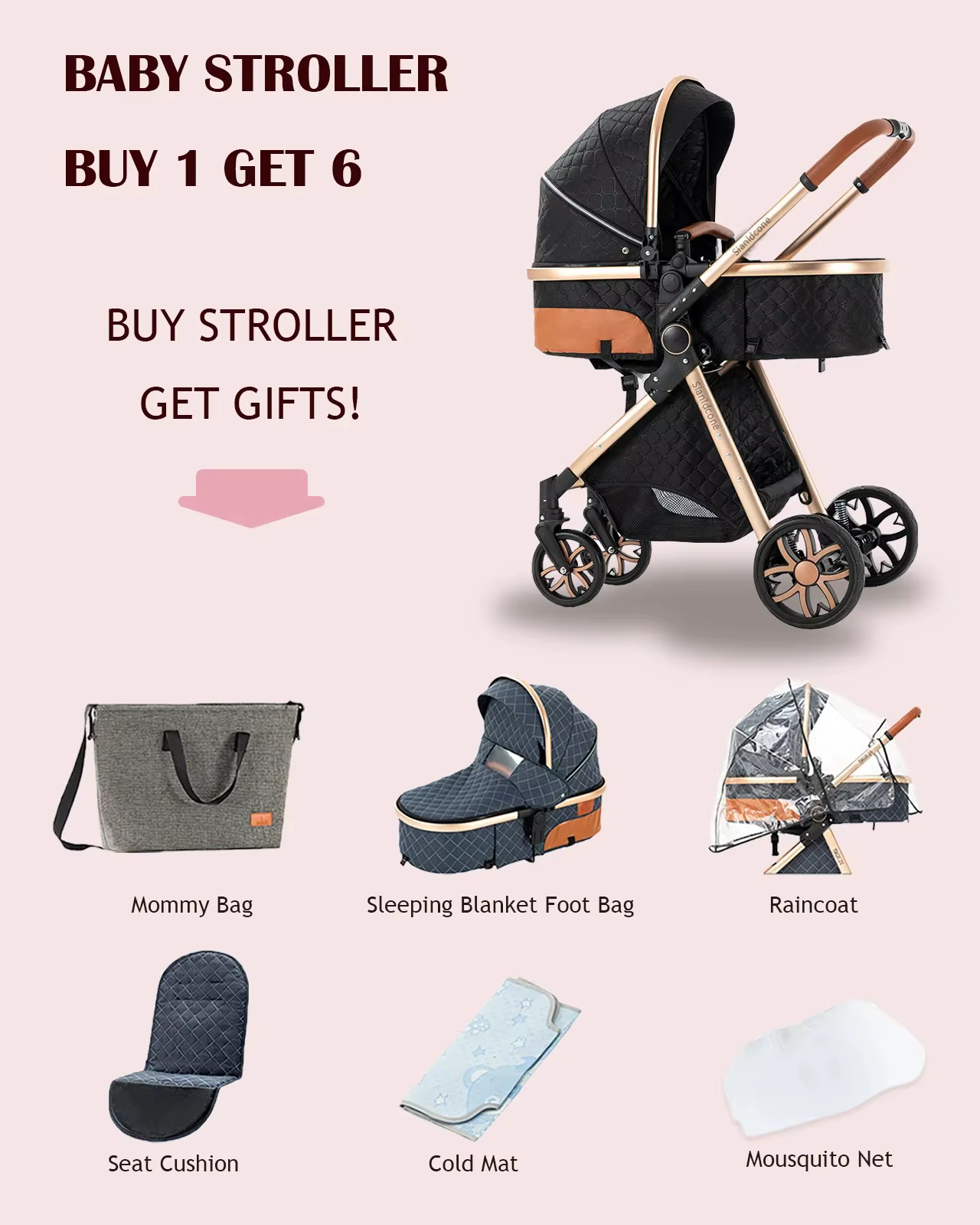 Poussette bébé 3 en 1 portable, landau et poussette de ville avec tissu respirant et mode de couchag