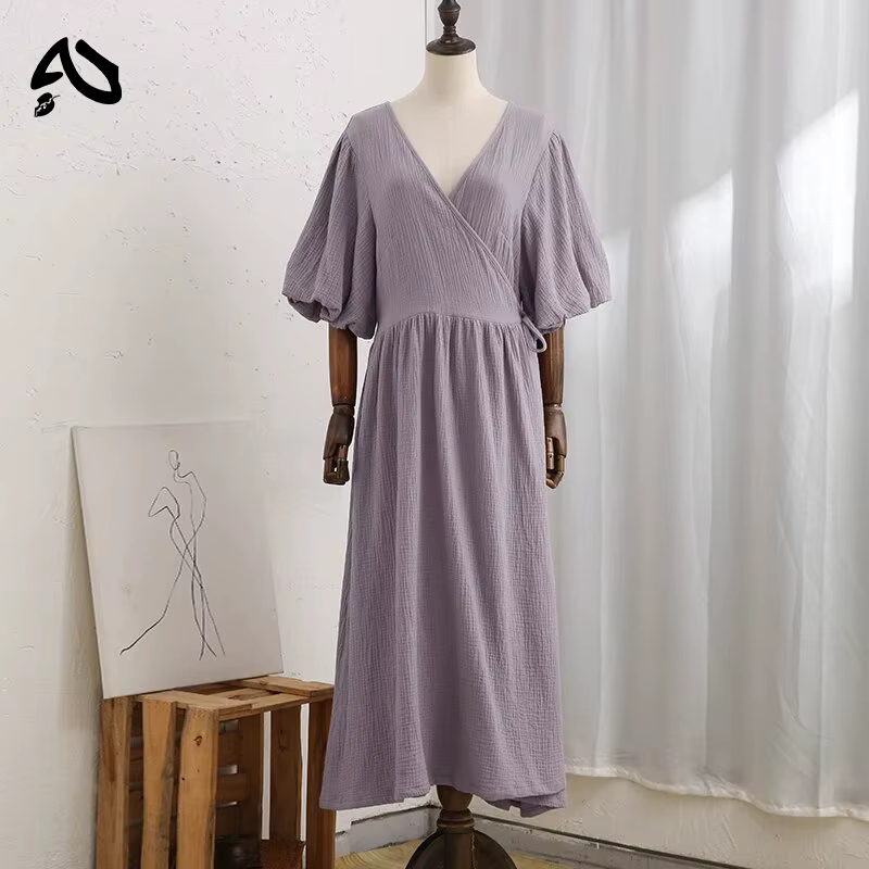 Original Robe Longue en Mousseline 100% Coton pour Femme, Tenue Sexy, Col en V, Manches Bouffantes, 
