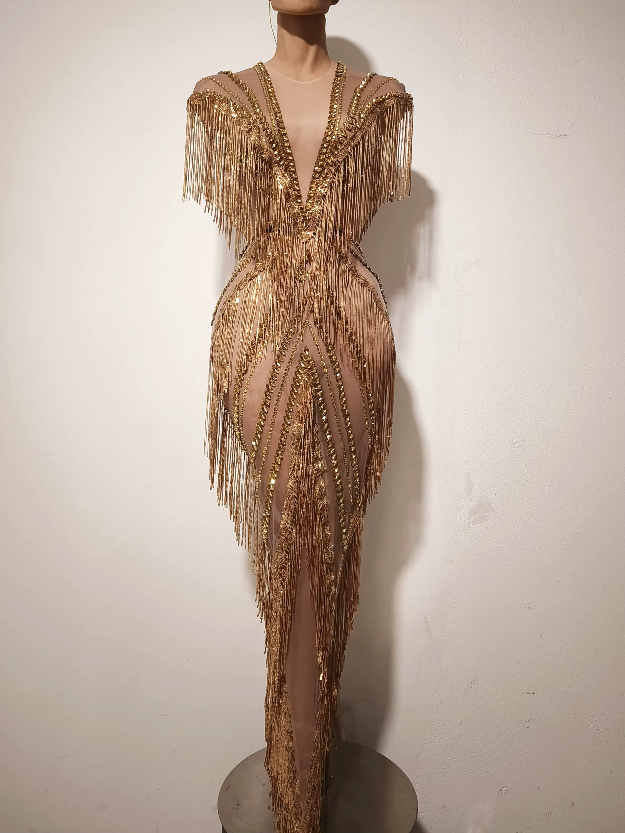 Robe longue de soirée de luxe pour chanteuse de boîte de nuit, costume de scène, sexy, en maille, av
