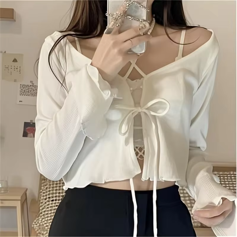 Cardigan tricoté blanc pour femmes, protection solaire fine, à lacets, hauts en tricot, Style coréen