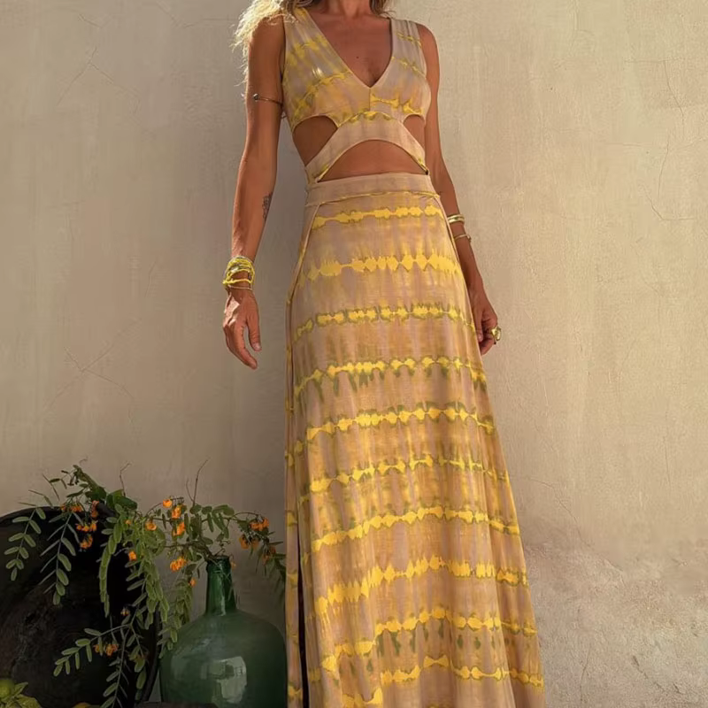 Robe longue en fibre fendue pour femme, robe de soirée élégante, taille haute, sexy, évider, vocatio