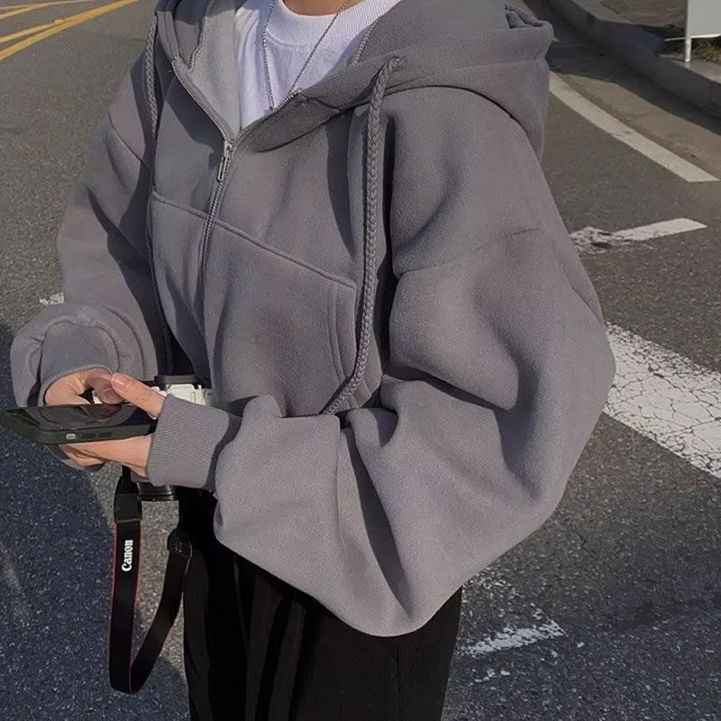 Chemise à capuche coréenne pour femmes, mode doublure polaire, sweat à capuche ample, fermeture écla