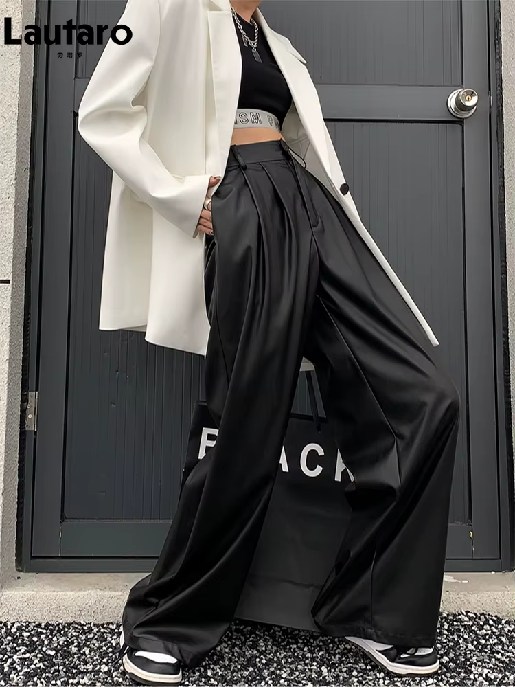 Lautaro-Pantalon à jambes larges en cuir PU pour femme, décontracté, fluide, doux, noir, marron, tai