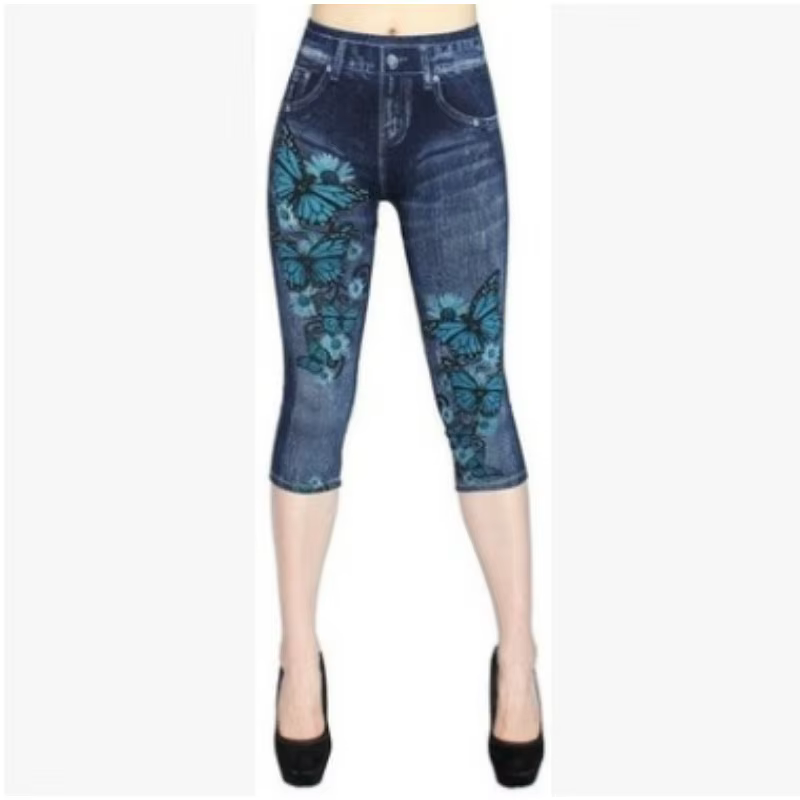 Femmes imprimer Imitation Denim Leggings maigre extensible pantacourt en plein air Jogging marche mo