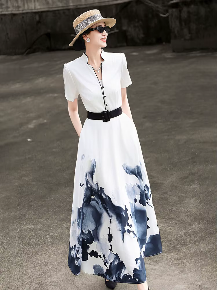 MEXCOCO 2026 Nouvelle collection été – Robe évasée élégante à manches courtes imprimé peinture à l'e