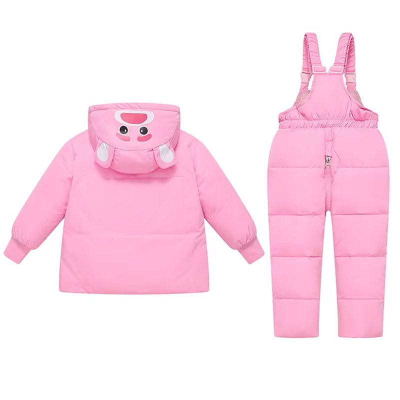 Doudoune à capuche ours dessin animé pour enfants, ensemble de vêtements pour filles, salopette pour