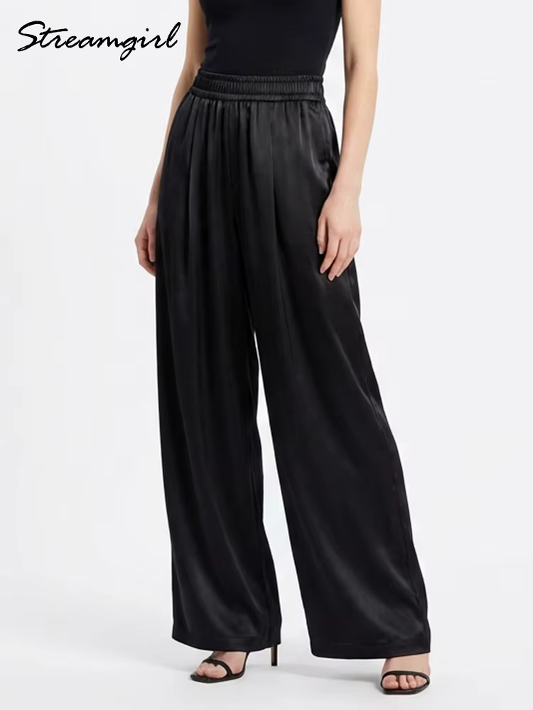 Pantalon large en satin de luxe pour femmes, pantalon avec poches, pantalon noir pour femmes, pantal