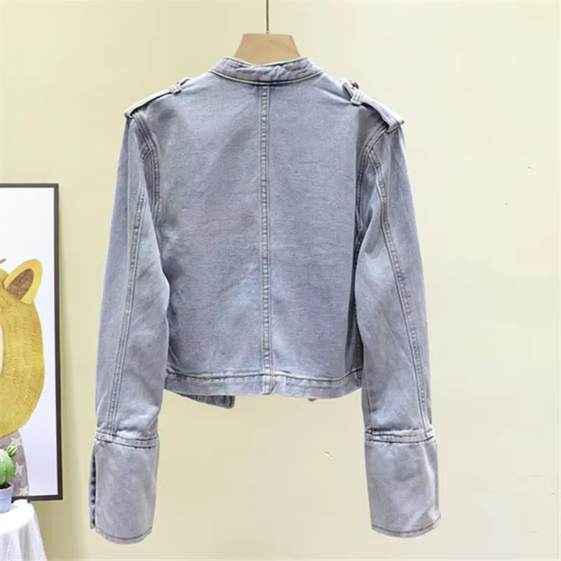 Printemps femmes col montant Double boutonnage Denim veste automne mince court jean veste noir à man