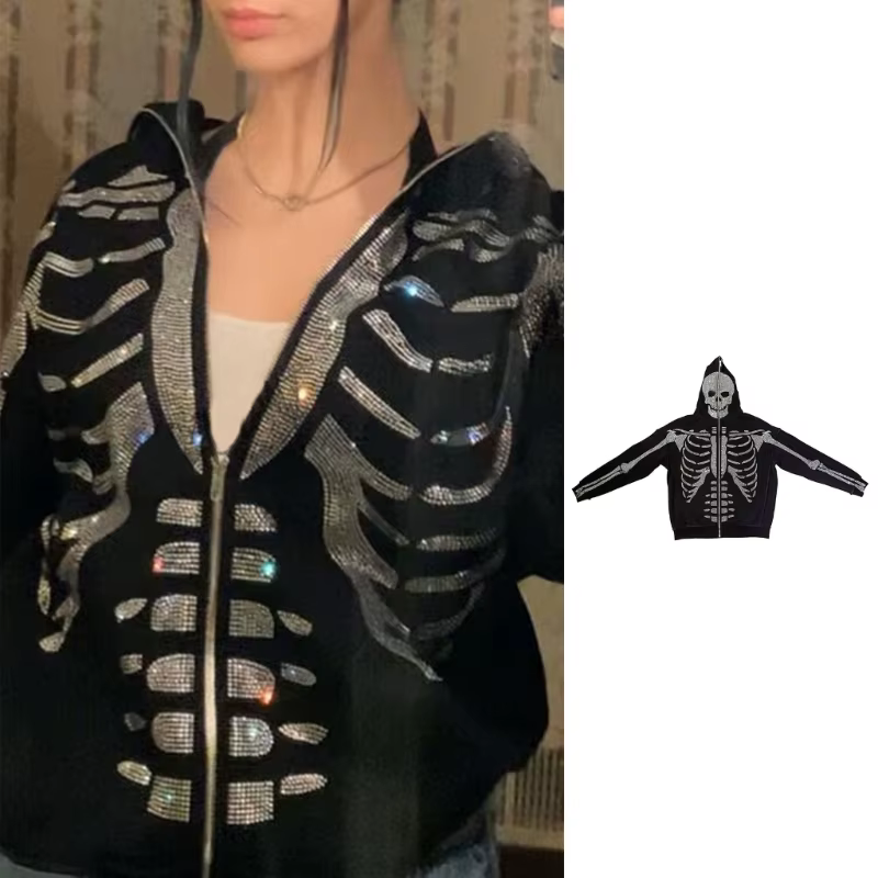 Sweat à capuche avec fermeture éclair complète pour femme, sweat-shirt avec imprimé squelette d'hall