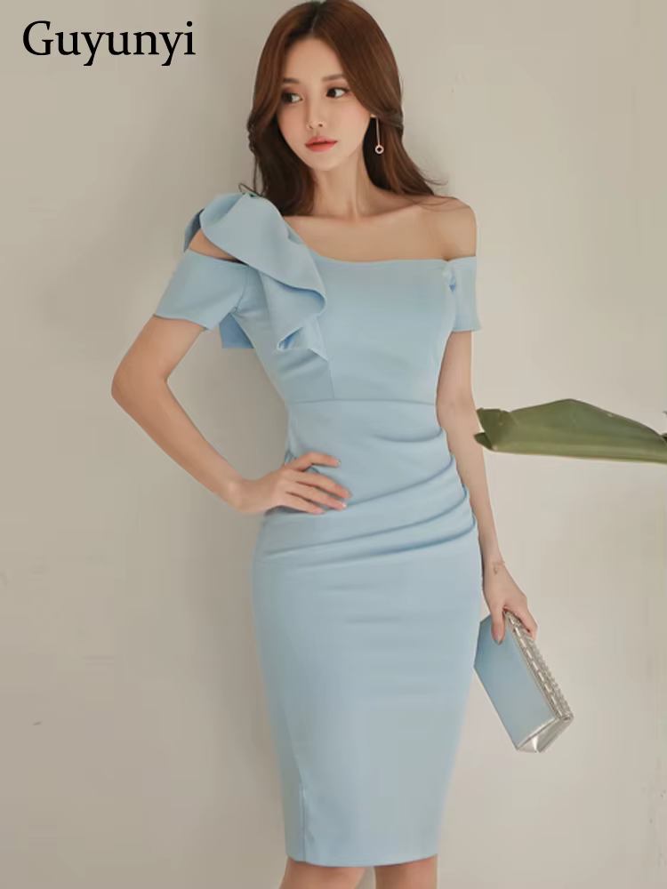 Robe de soirée élégante bleu ciel pour femmes, style coréen, sans bretelles, dos nu, sexy, col alert