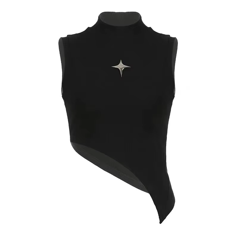 Y2K – haut court en tricot pour femmes, sans manches, ourlet asymétrique, col haut, extensible, ajus