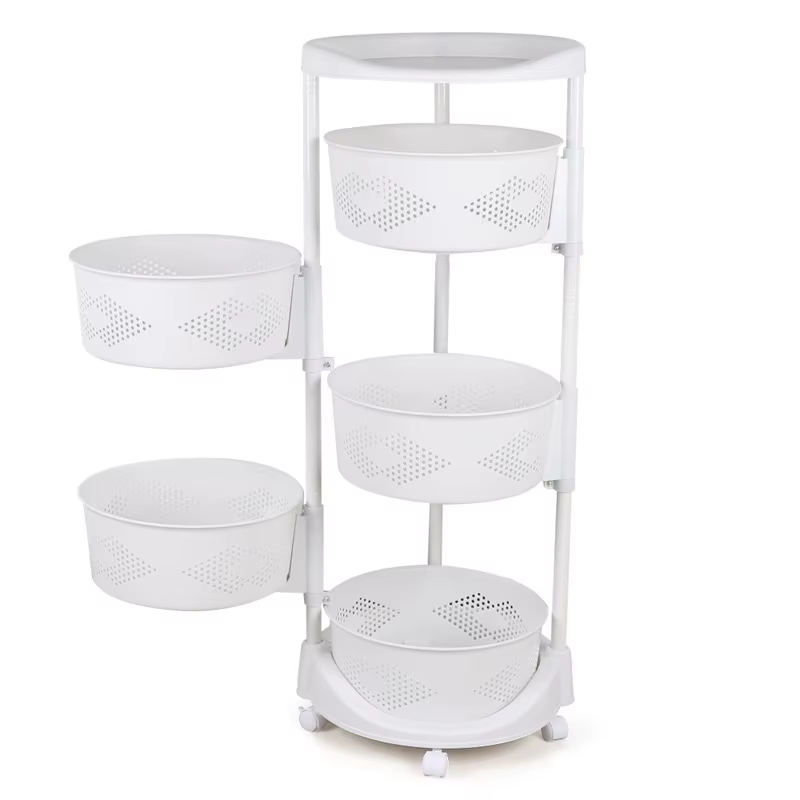 Mir de Rangement de Cuisine Multifonctionnel à 5 Niveaux, Blanc, Rotatif, à Roulettes, pour Légumes