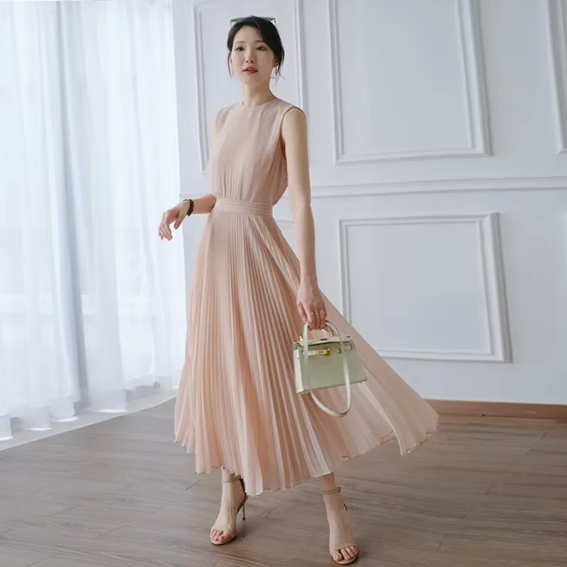 Robe longue plissée en mousseline de soie rose pour femme, tenue de soirée, tenue de bureau, sans ma