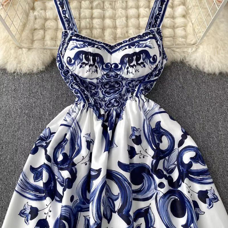 Robe longue de vacances pour femmes, col en v, imprimé rouge, bleu et blanc, bretelles Spaghetti, ét