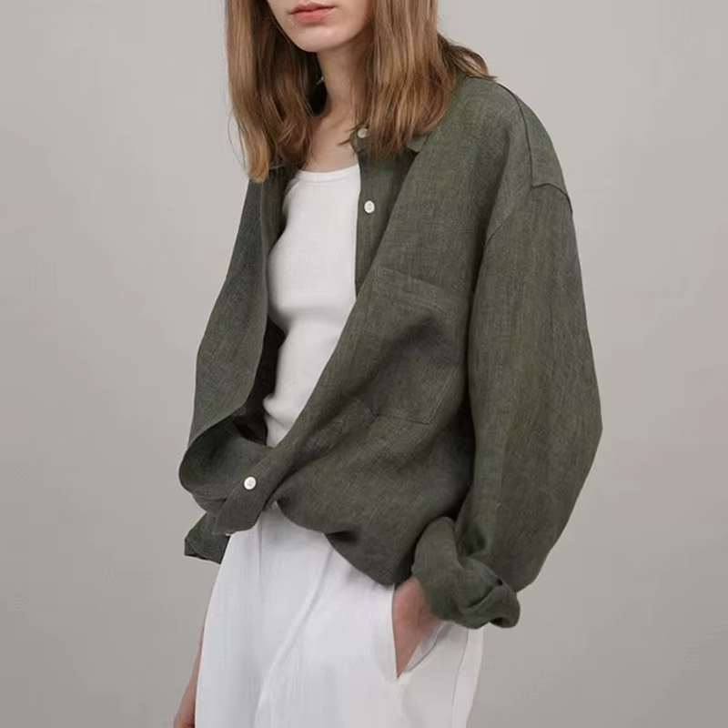 Chemisier surdimensionné à col rabattu pour femme, chemise décontractée en lin, manches longues, élé