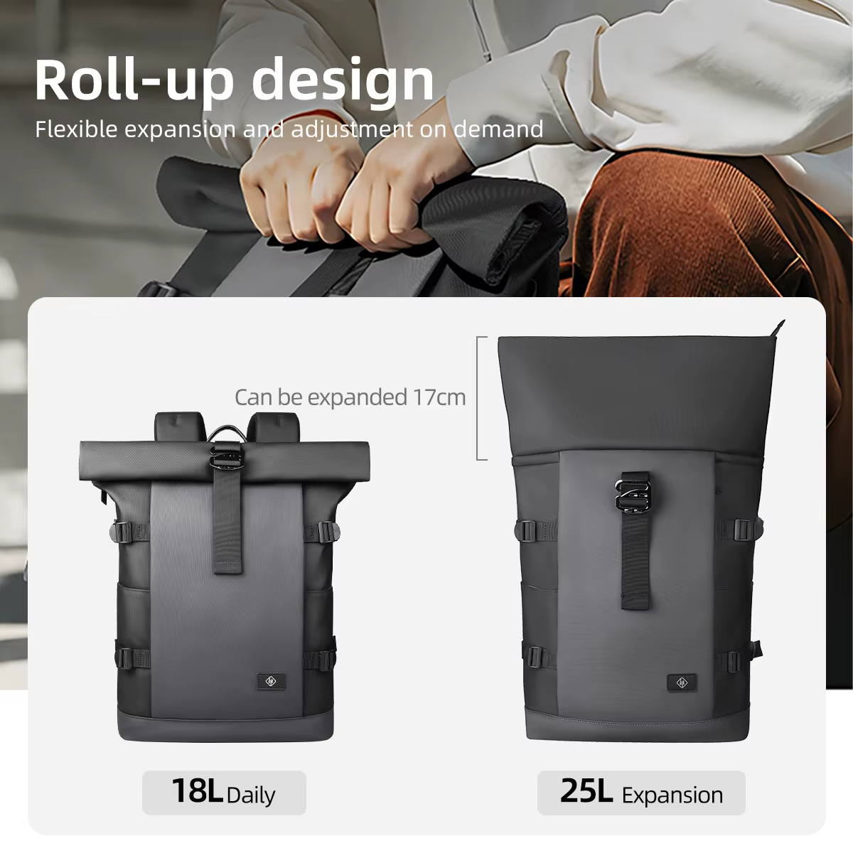 HK sac à dos étanche à roulettes pour hommes grande capacité extensible 17 pouces pochette d'ordinat