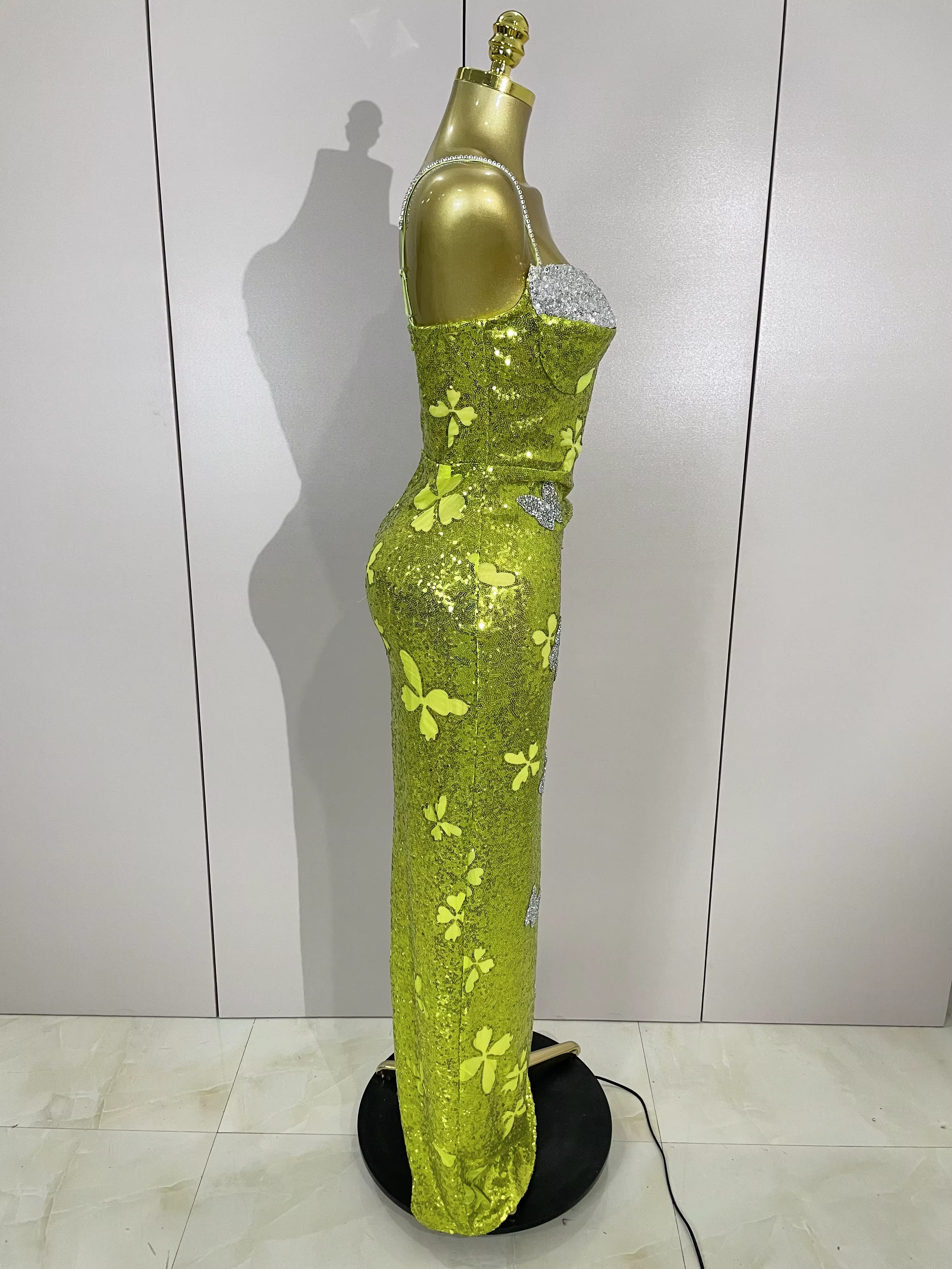 Élégant brillant papillon cristal Sexy licou vert moulante longue robe femmes célébrer soirée fête d