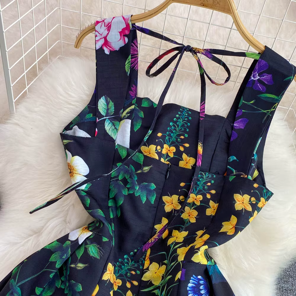 Robe à bretelles spaghetti taille haute vintage pour femmes, col slash, nœud ouvert, dos nu, imprimé
