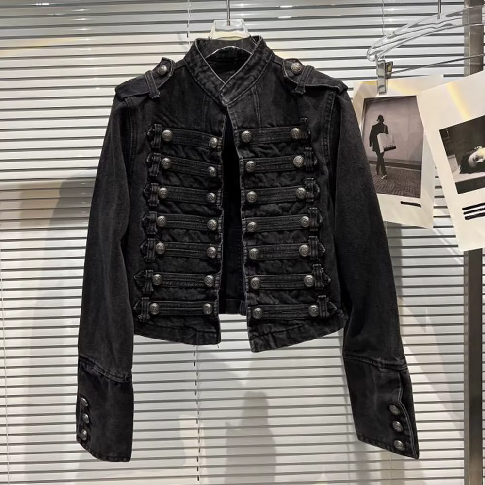 Veste délavée à boutons en métal côtelé mince pour femmes, haut en denim, style court, vêtements d'e