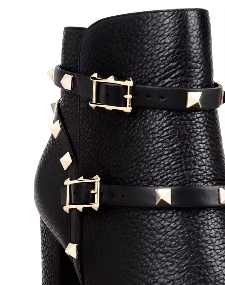 Bottines à rivets en cuir véritable pour femme, bottes courtes à talons épais et bout rond avec bouc