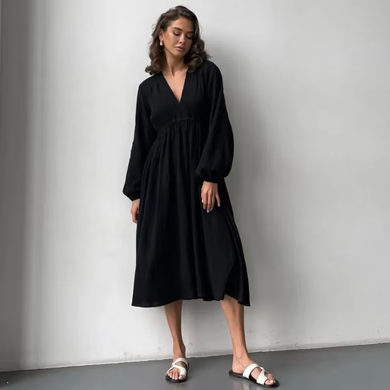 Robes élégantes en mousseline de coton pour femmes, manches longues, col en V, décontracté, fête, va