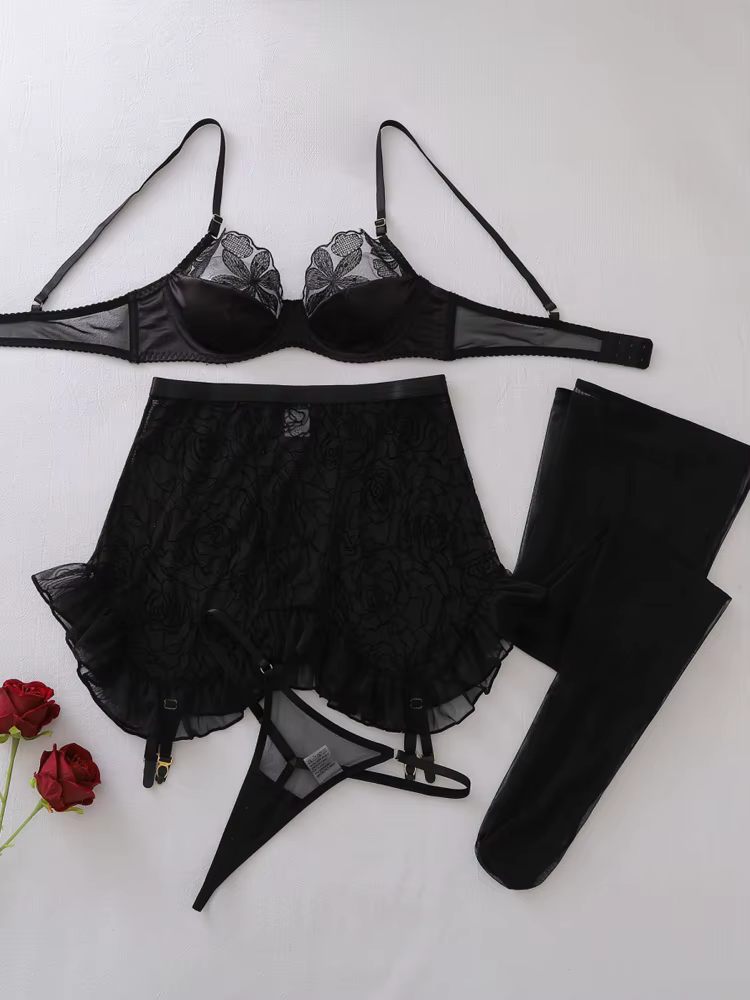 Belamimi – Lingerie transparente brodée noire pour femme, ensemble soutien-gorge et culotte sexy et 