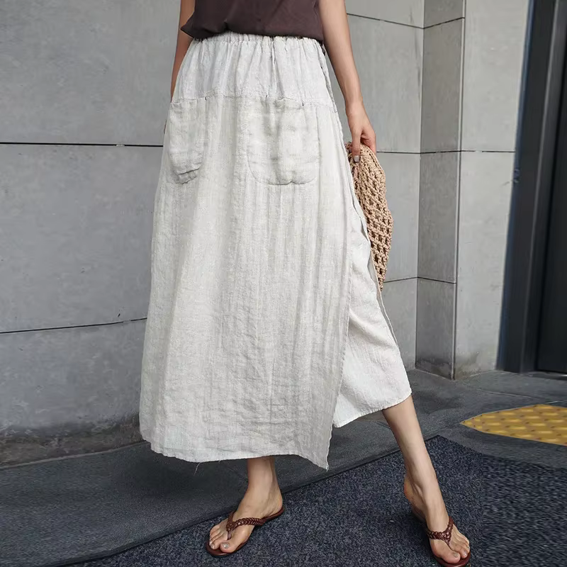 Pantalon d'été vintage pour femme 100% lin, coupe large, style jupe, avec poches, taille haute élast