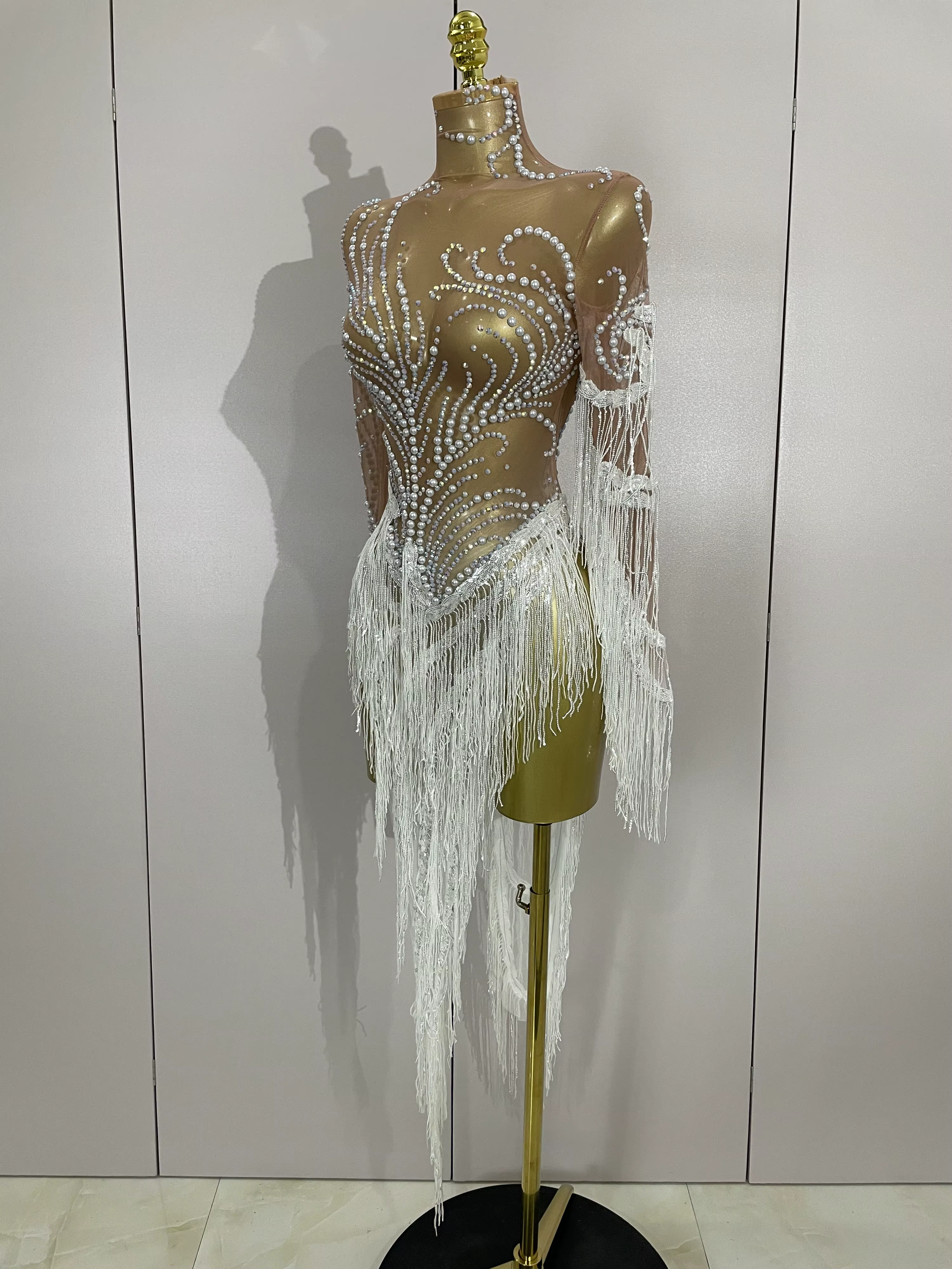 Femmes brillant strass perle paillettes gland Sexy robe transparente soirée fête d'anniversaire disc