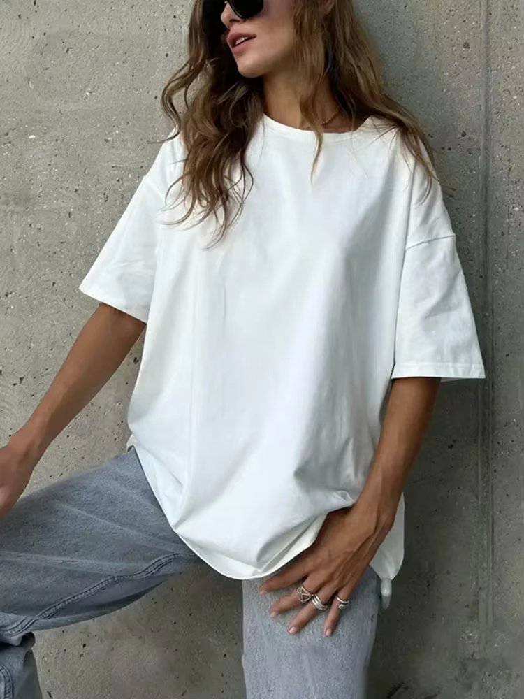 Été femmes T-shirt À Manches Courtes 100% coton Surdimensionné T-shirts Lâche Casual O COU Solide Bl