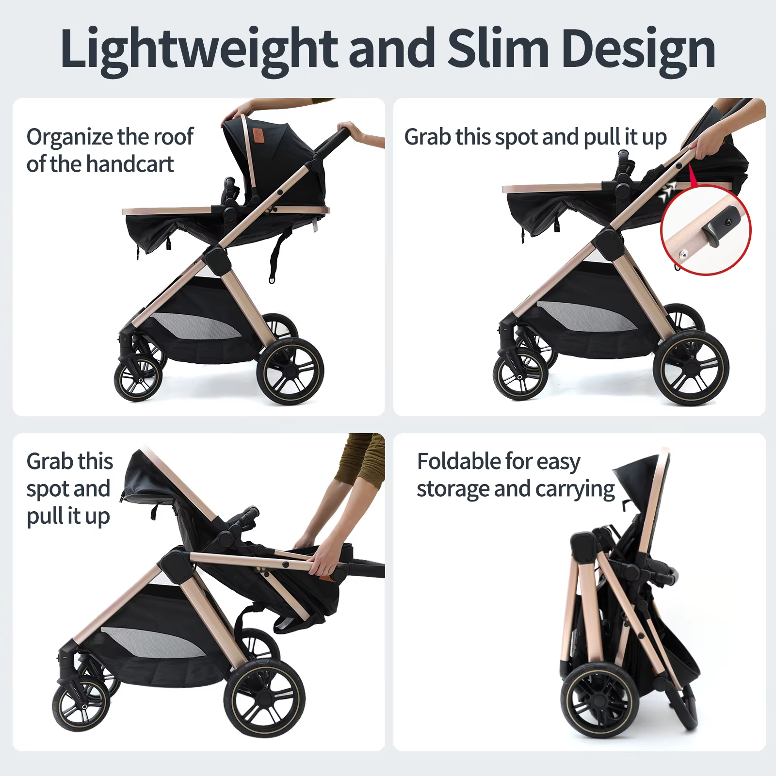Poussette bébé 3 en 1, landau léger, poussette pliable, système de voyage, poussette multifonctionne