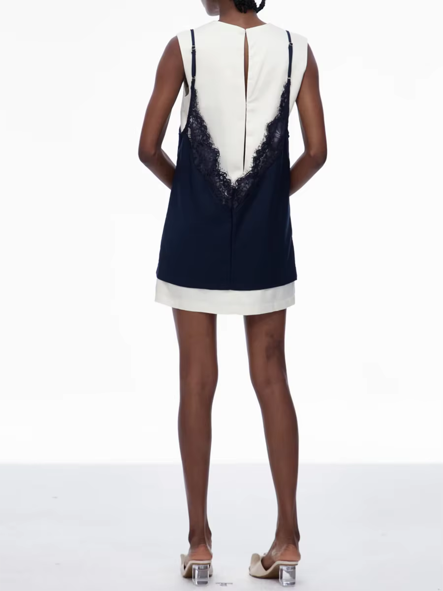 TWOTWINSTYLE Hit couleur épissé dentelle robes décontractées pour les femmes col rond sans manches b