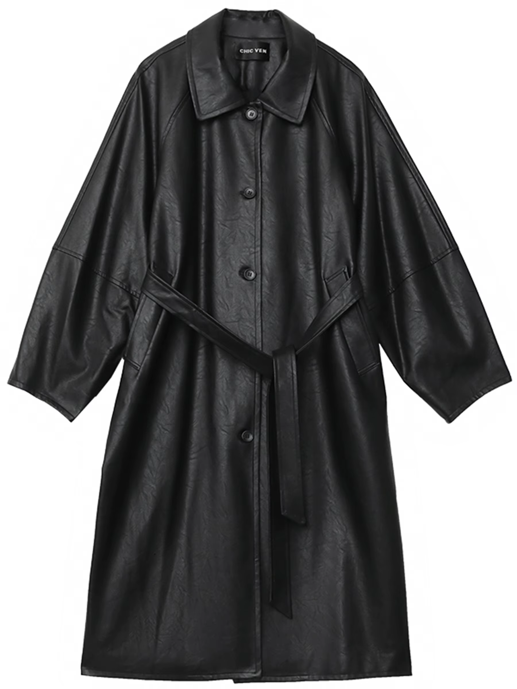 Manteau long en PU pour femme CHIC VEN, nouveau modèle décontracté avec ceinture, en similicuir, cou