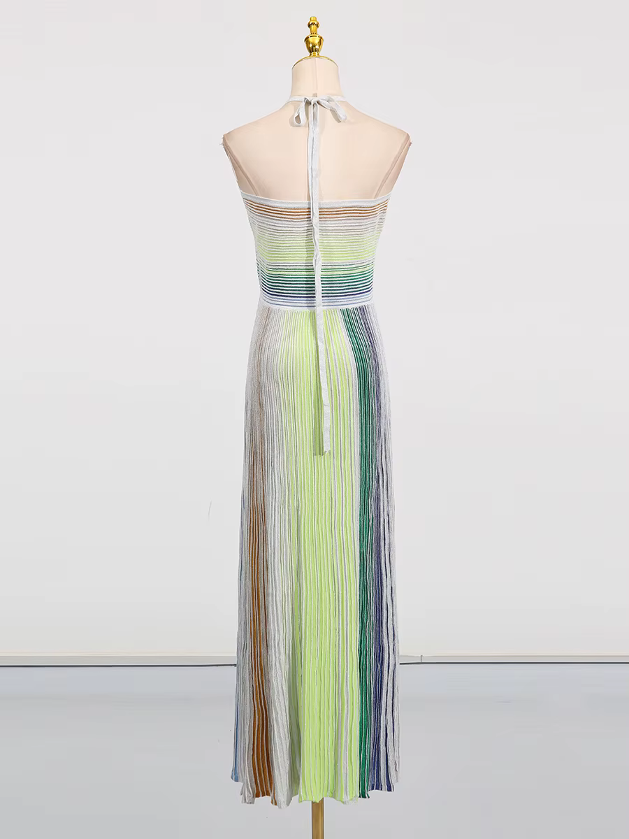Robe longue de fête VGH à rayures colorées pour femme, dos nu, taille haute, sans manches, coupe aju