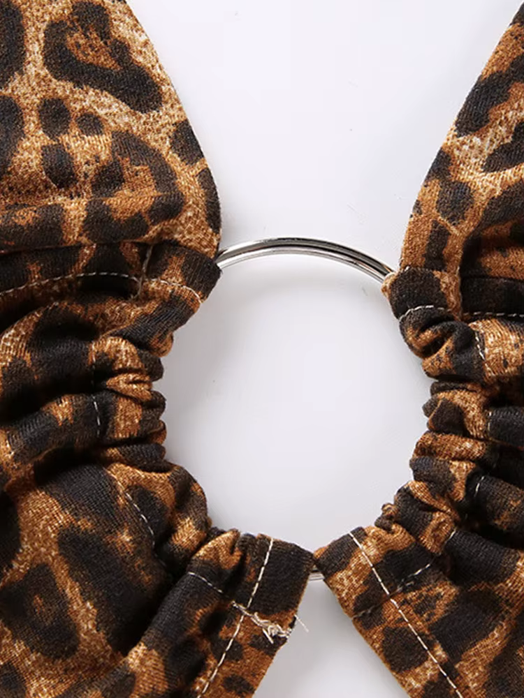 Haut court imprimé léopard pour femmes, dos nu, Bandage, lacets, paillettes, anneau en métal, détail