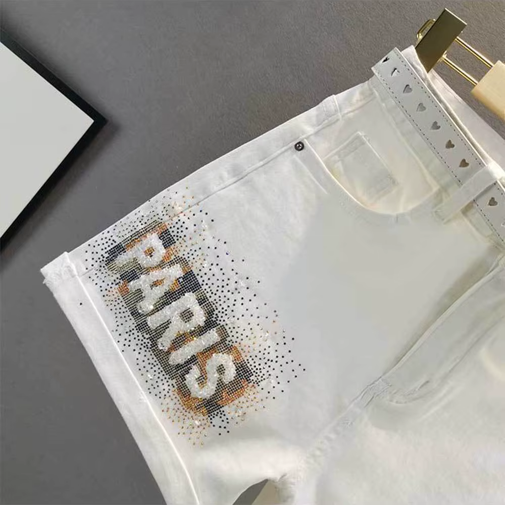 Short en Jean blanc pour femmes, taille haute, ample, à la mode, lettre diamant, nouvelle collection