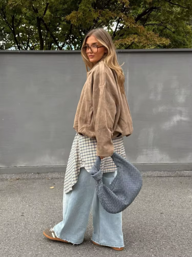Veste en daim kaki pour femme, ample, décontractée, col rabattu, fermeture éclair, manteau épais, vê