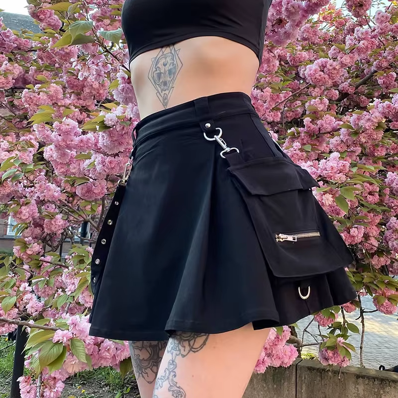 Jupe noire Harajuku Punk gothique noir taille haute noir femmes Sexy Patchwork pansement Mini jupe f