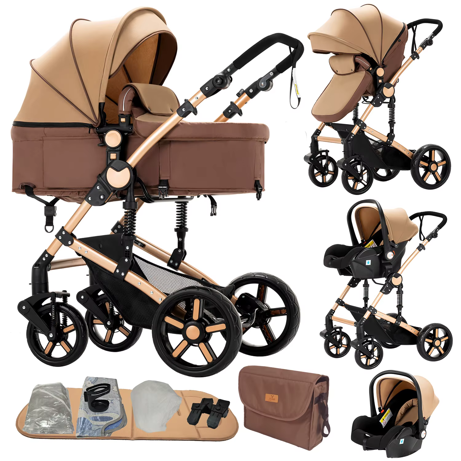 Poussette système de voyage pour bébé avec couffin, siège auto et cadre léger – Pliage à une seule t