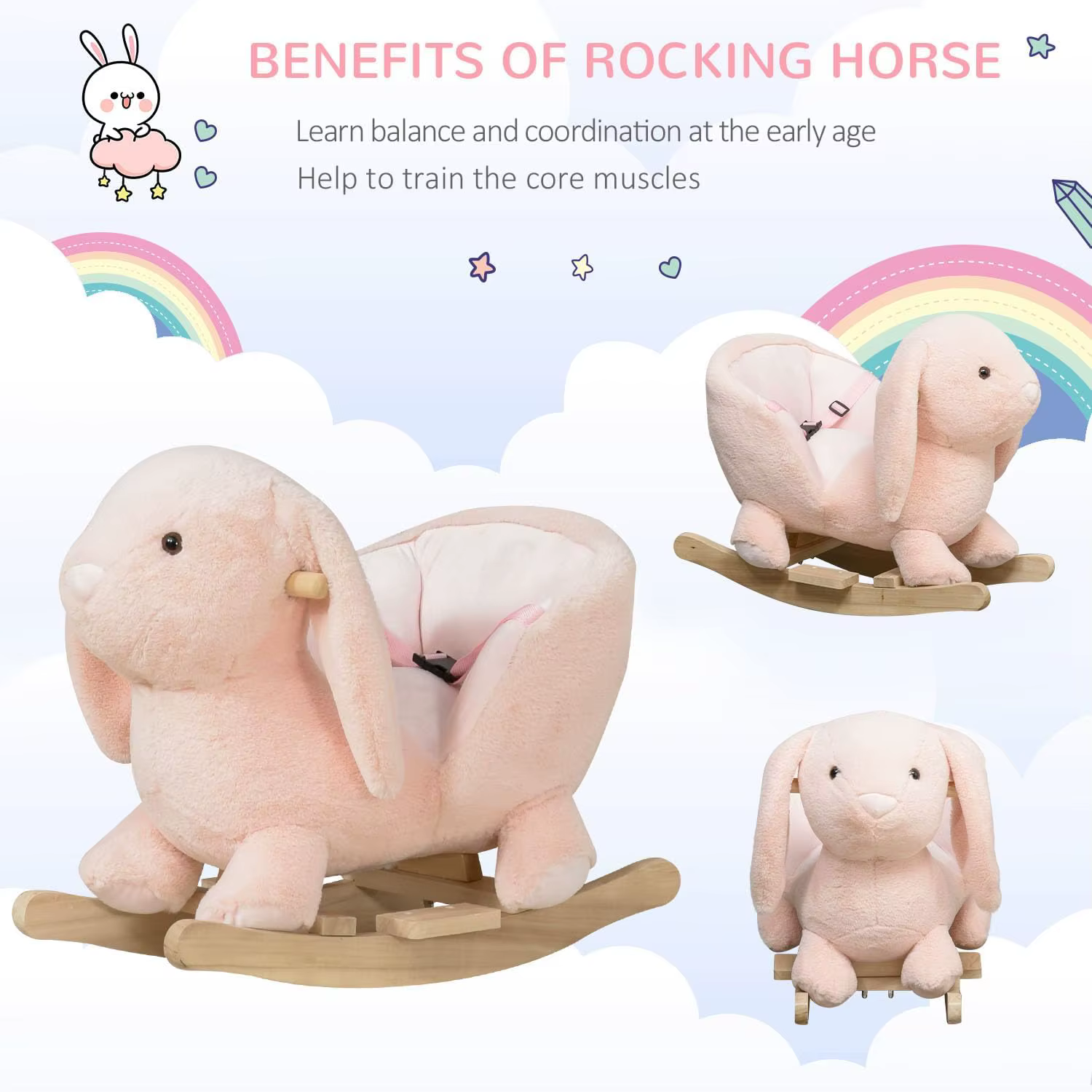 Qaba bébé cheval à bascule, lapin en peluche Animal Rocker avec son simulé, base en bois, ceinture d