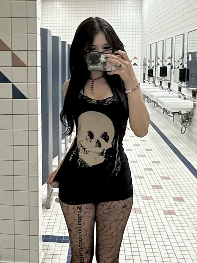 AltGoth Cyber Punk robe gothique femmes Streetwear Harajuku crâne imprimé sans manches taille haute 