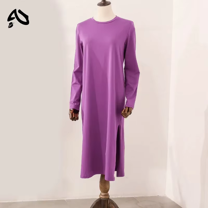 Robe longue décontractée en coton pour femme, ample, à manches longues, col rond, couleur unie, styl