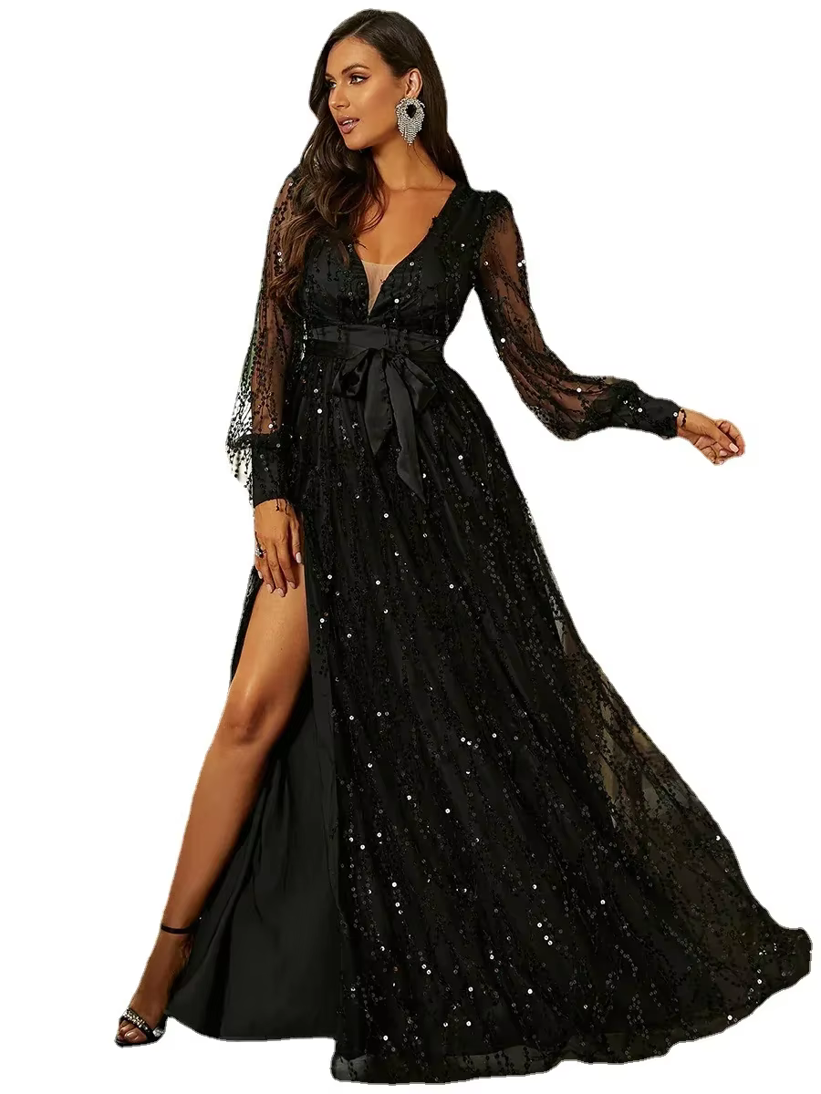 InjMesh Sequin Display Banquet fur s for Women, Robe de soirée, Robe longue, Noir, Élégant, Indépend