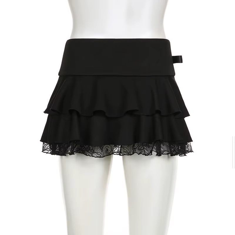 Mini-jupe noire à volants avec bordure en dentelle et nœud en ruban, micro-jupe trapèze pour femme, 