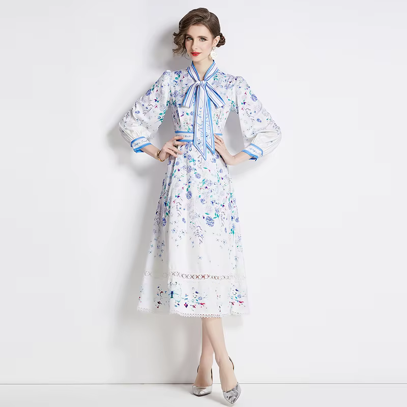 Robe imprimée à manches longues pour femmes, col rond, nœud papillon, taille amincissante, longueur 